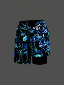 SHEIN Celana Pendek Pantai Longgar, Serbaguna, Nyaman, Kasual untuk Remaja Laki-laki, Motif Video Game Bercahaya dalam Gelap, Patchwork, Lapisan Dalam Ketat - MultiWarna - View 6