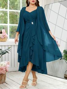Reflora Gaun Pesta Elegan Wanita Ukuran Besar dengan Hiasan Berlian Imitasi, Atasan Camisole dan Jaket Luar Ringan Transparan, Set 2 Potong - Teal Blue - View 5