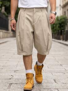 Manfinity Hypemode Men's Solid Color Pleated Casual Versatile Daily Wear Shorts - Khaki - View 4
