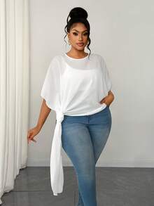 Maweii Blusa elegante branca plus size com amarração no pescoço - Branco - Ver 4