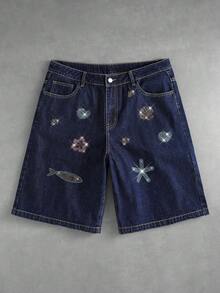 ROMWE MEN Street Life Quần short denim nam thêu hình sinh vật biển - Màu xanh lam - Xem 1