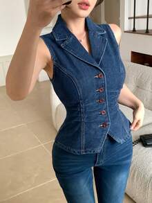 DAZY Áo khoác cardigan kiểu vest nữ mùa xuân/hè, áo sơ mi không tay có cổ, thích hợp cho lễ hội âm nhạc, ngày Valentine, đám cưới, kỳ nghỉ biển thường ngày, áo denim ngắn. - Rửa tối - Xem 5