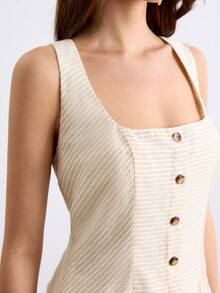CielaLinda Áo tank top nữ kẻ sọc cổ vuông cài cúc phía trước, áo camisole không tay kiểu dáng thường ngày. - Vàng nhạt - Xem 5