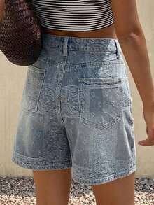 Livesso Shorts vaqueros de pierna recta con estampado floral vintage lavado para mujer, adecuados para primavera, verano, playa y estilo callejero - Lavado ligero - Ver 7