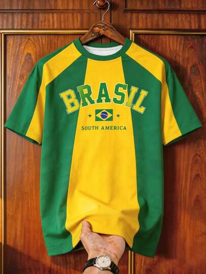 Aesthetic Post Brazil Football Soccer Printed T-Shirt Men's Contrast Stripe & Letter Print Round Neck Short Sleeve T-Shirt