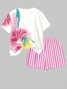 Bộ 2 món dành cho nữ tuổi teen, áo thun cổ tròn tay ngắn dáng rộng và quần short, thích hợp cho mùa xuân và mùa hè. - Nhiều màu - Xem 2