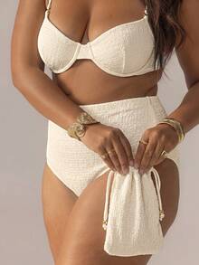Striped High-Waisted Underwire Bikini Set With Swim Bag, Perfect For Vacations And The 4th Of July, For Summer Outfits And Beach Days - Putih - View 7