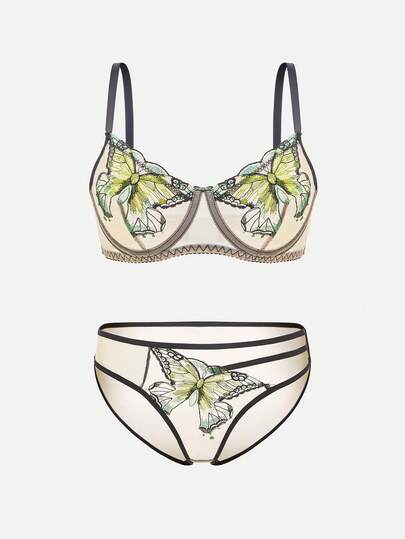 Bella Beso Standard Size Women's High-End Dual-Color Butterfly Embroidered Milk Silk Lingerie Set, Petite Size Sexy Embroidered Intimate Apparel Set