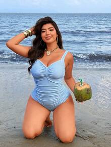 Swim Vcay Plus Size Women Striped Ruched Sexy One-Piece Swimsuit - Blue - View 5