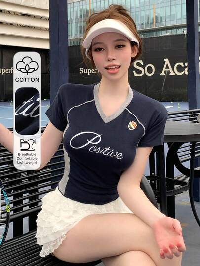 Casual College Style Letter Graphic Print Short Crop Top T-Shirt, Sports Jersey, Music Festival Streetwear, Vacation Outdoor Short Sleeve T-Shirt For Women, Spring & Summer Y2k