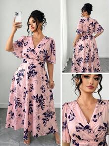 SHEIN Elenzya 大码优雅印花连衣裙，夏季 - 淺粉色 - 查看 1
