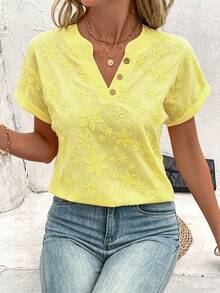 EMERY ROSE Women's Floral Embroidery V-Neck Short Sleeve Blouse - Yellow - View 1
