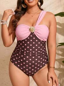 Swim Vcay 2026 Spring New Plus Size Women's One-Piece Polka Dot High Waist Ruched Design Swimsuit - Multicolor - View 1
