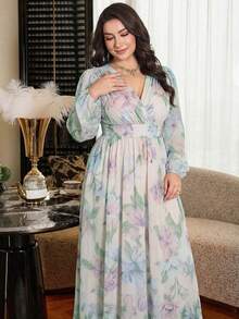 Modelyn 大码女士优雅收腰A字连衣裙 - 淺藍色 - 查看 4