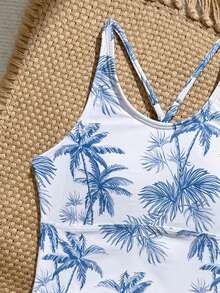 SHEIN Conjunto de tankini para niñas preadolescentes con top corto tipo halter con estampado de árbol de coco y pantis lisos de un solo color - Gris Claro - Ver 3