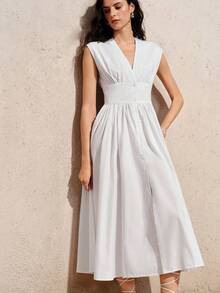 BELROSIE Elegant White Summer Deep V-Neck Sleeveless Dress,High Waist Front Button Ruched Design,Fluffy Pleated Hem,Minimalist Modern Tea Party Beach Holiday - White - View 3