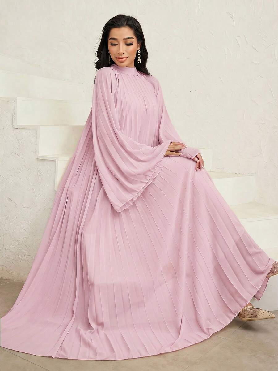 Veilorie Women's Elegant Minimalist Solid Color Loose Pleated Arabic Style Dress - Pink - View 1