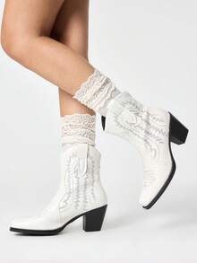 ROMWE Fairycore 2026 New Women's Small Square Toe Solid Color Thick Heel Fashion Sleeve Ankle Boots Western Boots And Ankle Boots - White - View 1