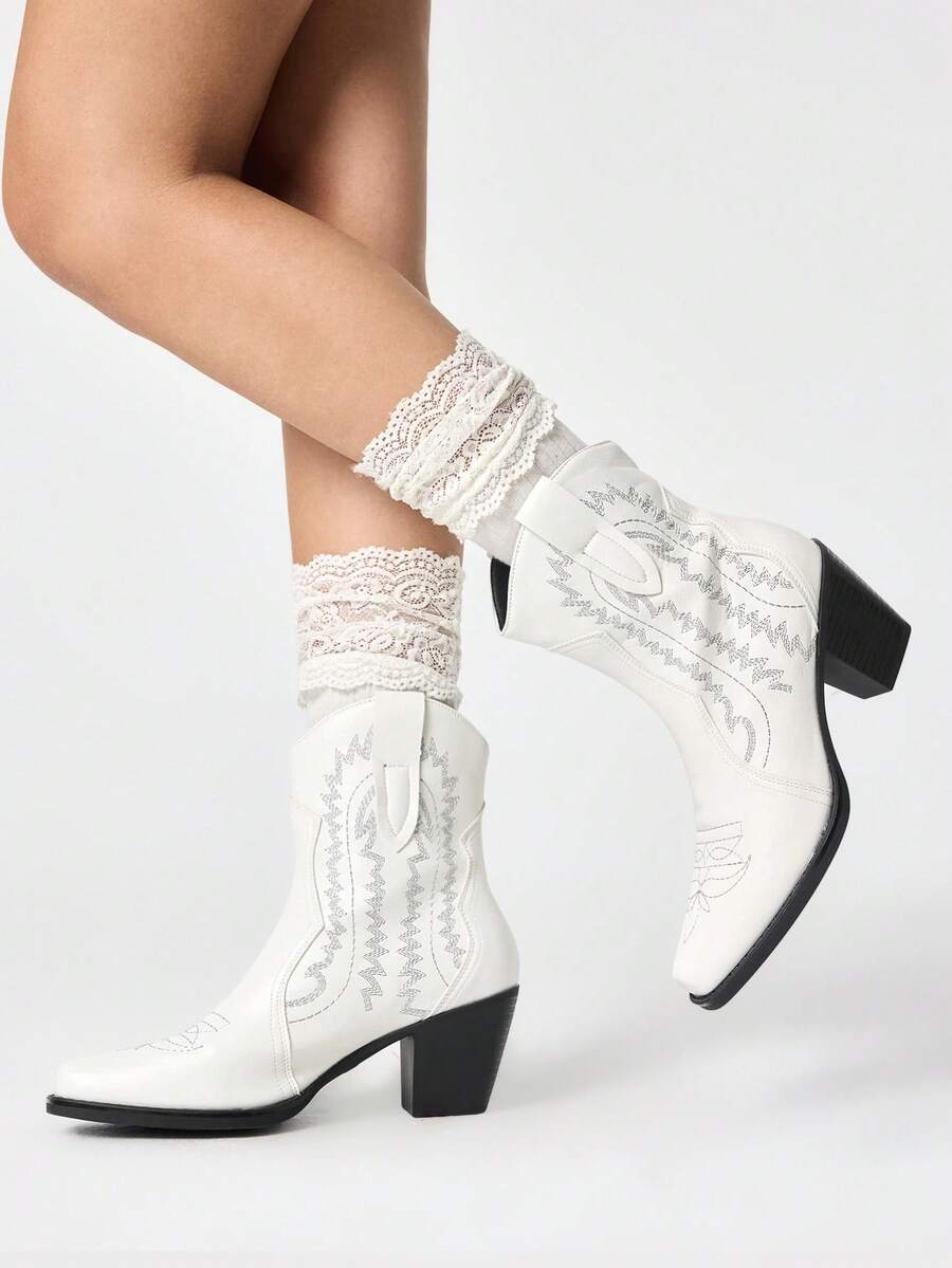ROMWE Fairycore 2026 New Women's Small Square Toe Solid Color Thick Heel Fashion Sleeve Ankle Boots Western Boots And Ankle Boots - White - View 1
