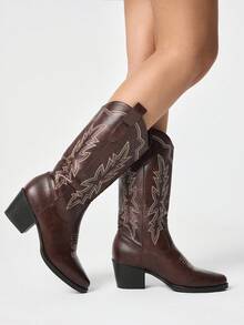 ROMWE Fairycore Botas altas de montar con bordado de mariposa Maillard 2025 de estilo occidental para mujer, con cordones y un hermoso fuste alto sobre la rodilla - Café integral - Ver 1