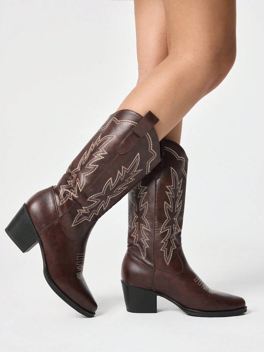 ROMWE Fairycore Botas altas de montar con bordado de mariposa Maillard 2025 de estilo occidental para mujer, con cordones y un hermoso fuste alto sobre la rodilla - Café integral - Ver 1