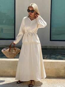 DAZY Casual Beige Long Shirt And Long Skirt 2 Pieces Set For Women, Spring/Summer Lounge Sets For Women - Beige - View 4