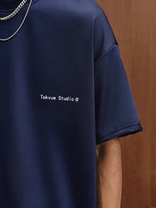 TOKVUE Camiseta suelta con estampado de eslogan blanco de estilo casual de calle - Azul Marino - Ver 6