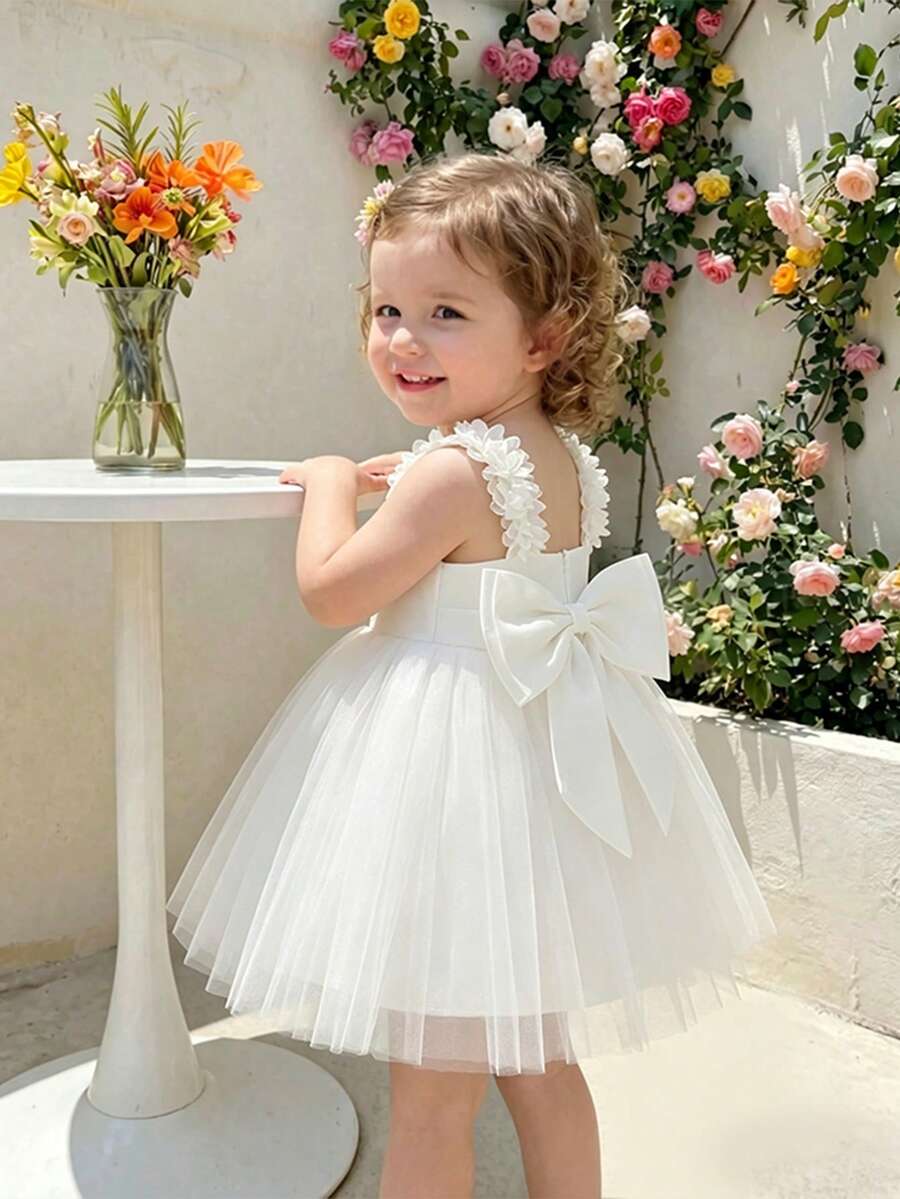 Glamorique Kids 女童花朵吊带露背网纱公主裙，生日派对花童礼服，女婴蕾丝连衣裙 - 白色 - 查看 1