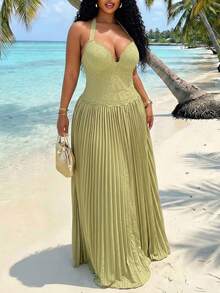 Slaydiva Nuevo estilo de verano, perfecto para fiestas de cumpleaños, vuelta al colegio, estilo preppy, ropa de estudiante, salidas diarias, básicos versátiles, estilo casual, vacaciones, viajes en crucero, playas, , tomar el sol, artículos, estilo callejero, estilo elegante y romántico, citas, compras, vacaciones románticas, sexy. Ajuste ceñido, verde sólido, cuello halter sin mangas con tirantes anudados, estilo de copa de busto, bajo plisado, vestido largo talla grande - B - Verde - Ver 11