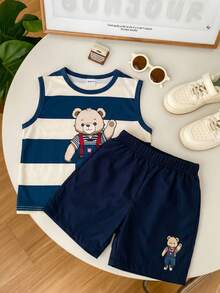 SHEIN 两件套男童休闲舒适百搭条纹印花无袖上衣和纯色短裤套装 - 彩色 - 查看 5