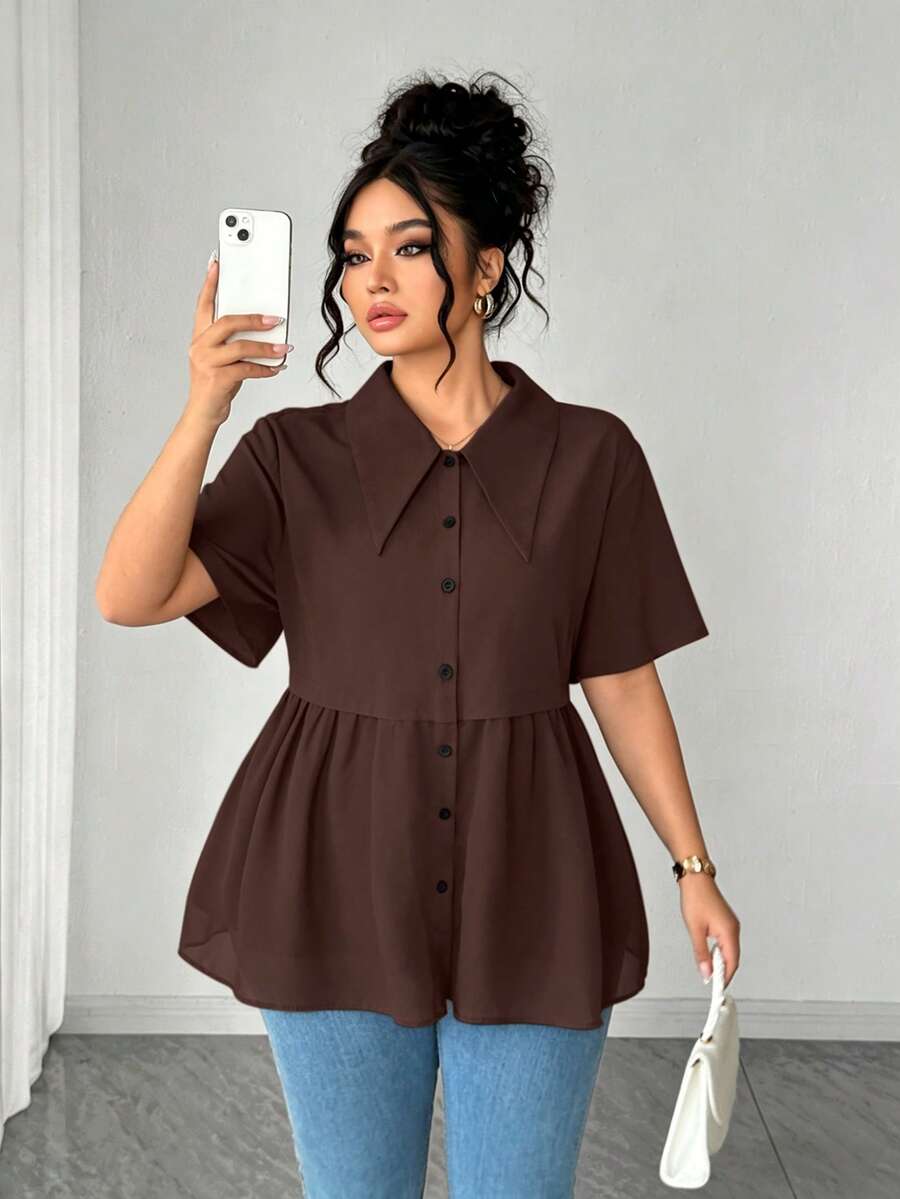 SHEIN Elenzya 大尺碼女款 2合1 素色黑色雪紡百褶短袖上衣 - 棕色 - 查看 1