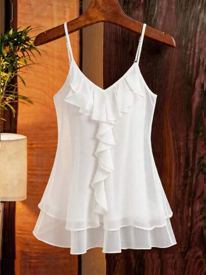 GlowEve CURVE Plus Size Women's Elegant Chiffon Ruffle Trim Asymmetrical Camisole, Suitable For Daily Commute, Slimming, Versatile, Suitable For Outings, Parties, Photos, Vacations