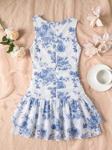 SHEIN Tween Girl Elegant White And Blue Floral Print Dress,Summer Holiday Vacation French Ruffle Trim 3D Floral Decor Sleeveless Asymmetrical Short Dress - Blue - View 3
