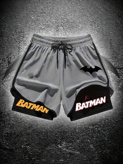 BATMAN X SHEIN RISE LYT 男士字母印花撞色抽绳腰运动短裤