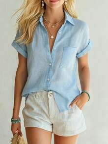 Selamara Camisa de negocios de mujer de bolsillo minimalista y de solapa única - Azul - Ver 3