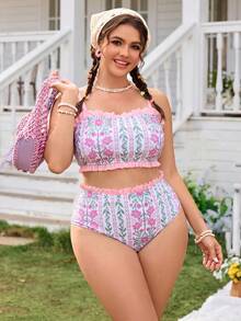 Swim Mod Women's Spring/Summer Spaghetti Strap Regular Shorts Beach Resort Plus Size Swimwear Set - Pink - View 4