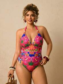 Travachic Traje de baño de una pieza con estampado floral colorido, escote halter en V, para mujer talla grande, ideal para vacaciones en la playa tropical - Multicolor - Ver 7