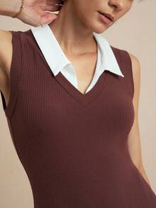 Nima Coro Women's Summer Back To School American Retro Color-Block Collar Sleeveless Vest, Brown Ribbed V-Neck Slim Fit Base Layer, Daily Office Preppy Wear. - Brown - View 7