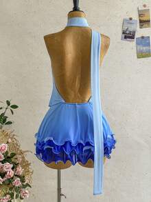Ure Wave Women's Fashion Vacation Elegant Sexy Romantic Blue Gradient Tie-Dye Pattern Layered Ruffle Backless Halter Neck Mini Dress, Suitable For Summer Vacation, Music Festival, Party And Beach Wear, Holiday Outfit, June Festival Party Dress, Women's Party Dress, Wedding Guest Party Dress, Prom Dress, Birthday Dress - Multicolor - View 5