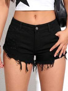 SHEIN Quần short denim nữ mùa hè kiểu dáng thường ngày, rách gấu. - màu đen - Xem 6