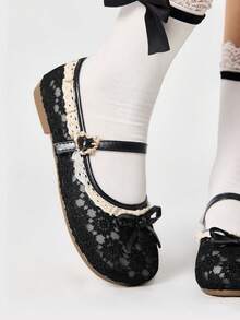 ROMWE Kawaii Women's Fashionable & Sweet Bow Decor Flats Valentine's Day Y2K - Black Hollow Lace - View 2
