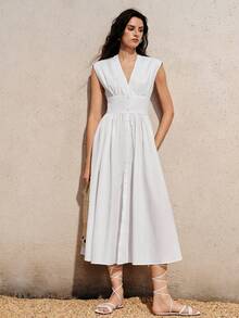 BELROSIE Elegant White Summer Deep V-Neck Sleeveless Dress,High Waist Front Button Ruched Design,Fluffy Pleated Hem,Minimalist Modern Tea Party Beach Holiday - White - View 4