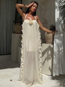 Firerie Vestido elegante, romántico y delicado para vacaciones, invitada de boda, cita, fiesta o baile, de gasa transparente con volantes, sin tirantes, color albaricoque, primavera/verano - Albaricoque - Ver 2
