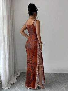 SHEIN Elenzya Exquisite Printed Chinoiserie Waist-Cinching Slit Luxurious Retro Middle Eastern UAE Style Robe, Tight Fit, Multi-Color, Sleeveless - Brown - View 2