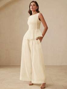 BELROSIE Casual Chic Commuting & Vacation Loose Linen Sleeveless Top With Ruffle Hem Paired With Wide Leg Pleated Pants 2 Pieces Set - Beige - View 3