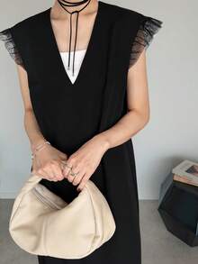 FRIFUL 女款夏季素色短袖網格拼接透視V領洋裝太陽裙 - 黑色 - 查看 6