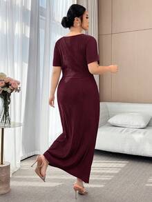 Modelyn Plus Size Elegant Solid Color Wrap Dress, Summer - Burgundy - View 2