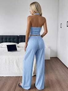 SHEIN EZwear 女士针织纹理吊带上衣和裤子休闲度假套装 女士度假套装 两件套休闲套装 女士夏季套装 两件套 女士两件套休闲装 女士套装 两件套休闲装 女士套装 两件套休闲装 - 藍色 - 查看 2