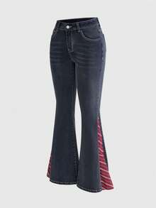 ROMWE Y2K Vintage Casual Washed Patchwork Design Low Waist Women Jeans Everyday Dark Grey Autumn - Medium Wash - View 1
