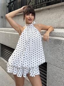 Marta Soriano 女款優雅圓點印花掛脖露背迷你洋裝，女款優雅洋裝，新年洋裝，女款優雅夏季洋裝 - 彩色 - 查看 5